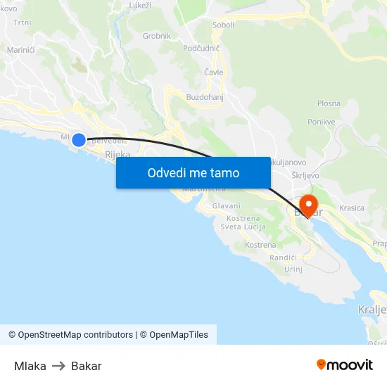 Mlaka to Bakar map