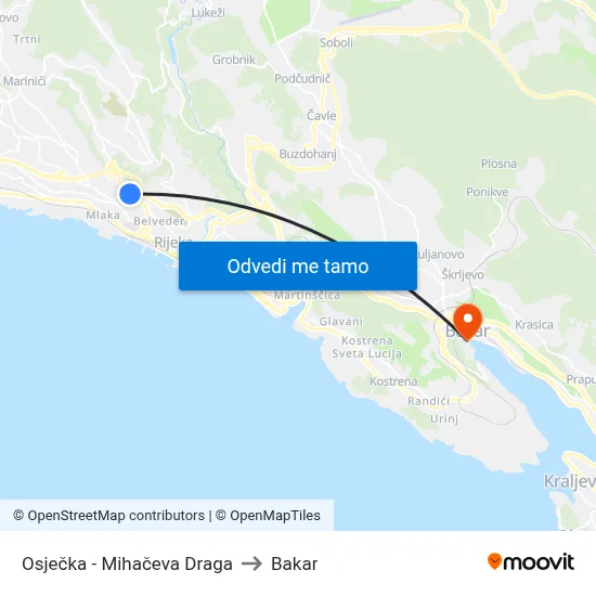Osječka - Mihačeva Draga to Bakar map