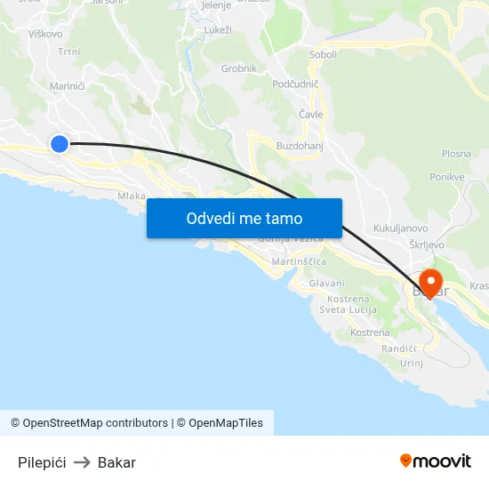 Pilepići to Bakar map