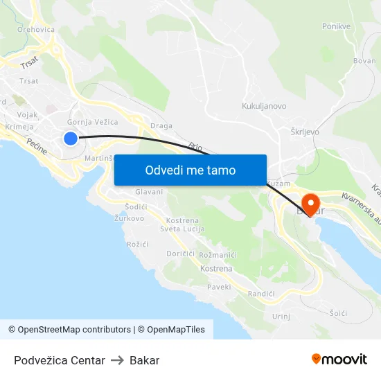 Podvežica  Centar to Bakar map