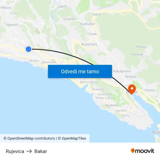 Rujevica to Bakar map