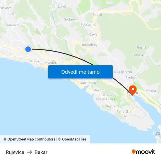 Rujevica to Bakar map