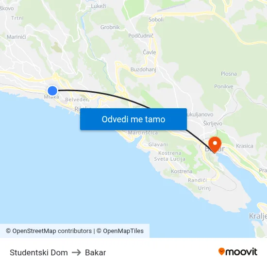 Studentski Dom to Bakar map