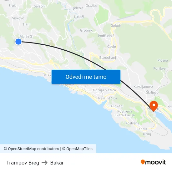 Trampov Breg to Bakar map