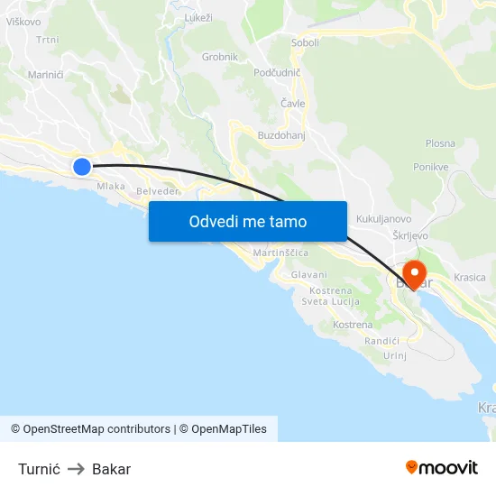 Turnić to Bakar map