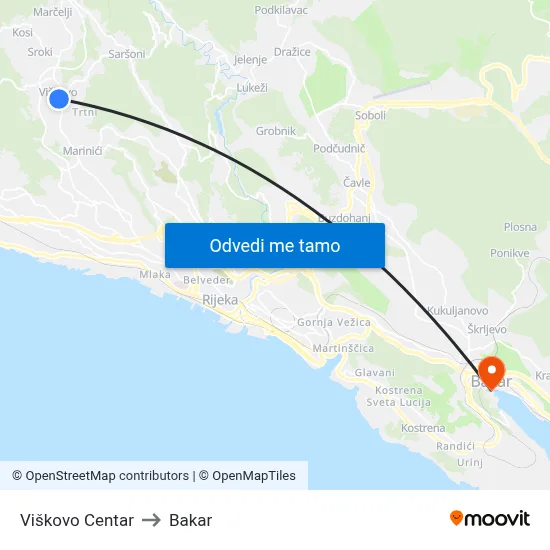 Viškovo Centar to Bakar map
