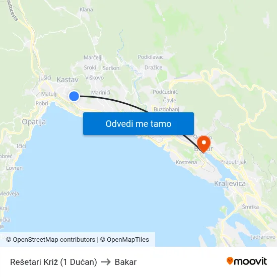 Rešetari Križ (1 Dućan) to Bakar map