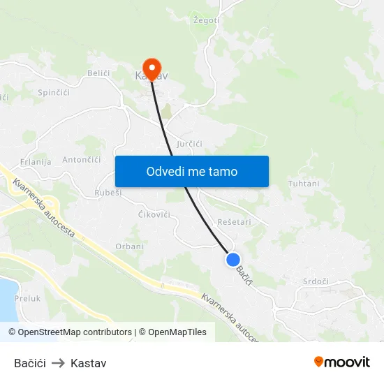 Bačići to Kastav map