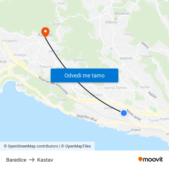 Baredice to Kastav map