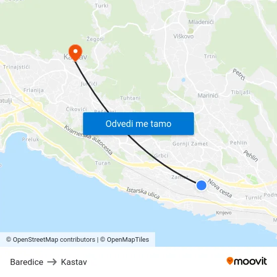 Baredice to Kastav map