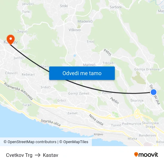 Cvetkov Trg to Kastav map