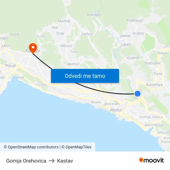 Gornja Orehovica to Kastav map