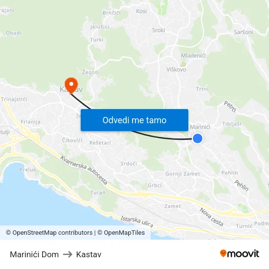 Marinići Dom to Kastav map