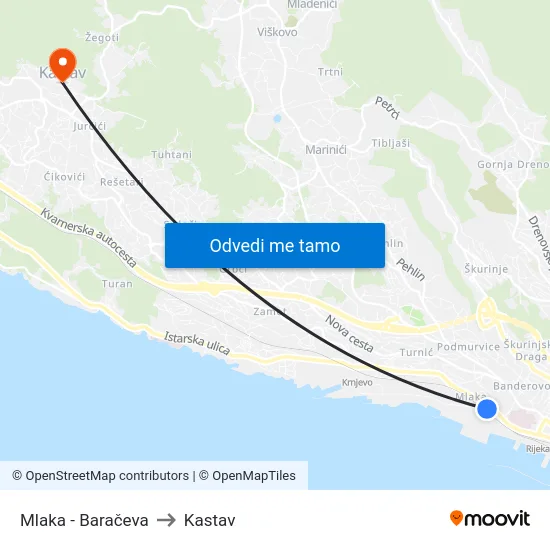 Mlaka - Baračeva to Kastav map