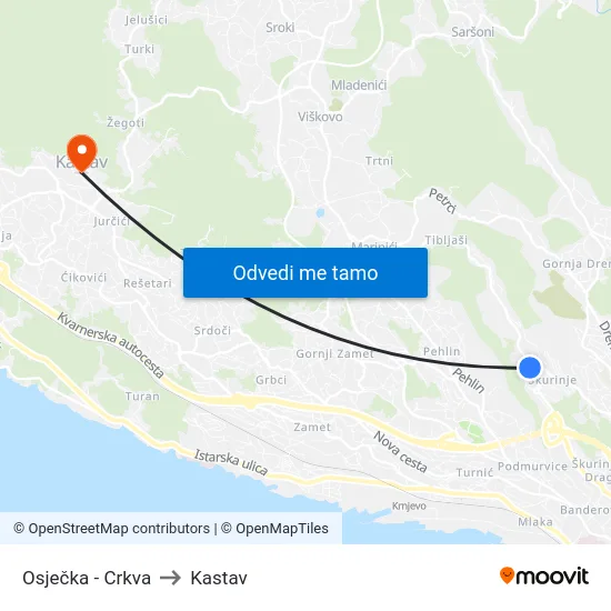Osječka - Crkva to Kastav map