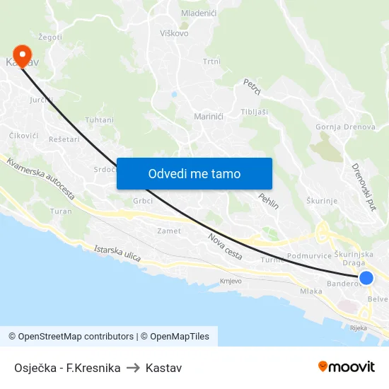 Osječka - F.Kresnika to Kastav map