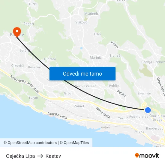 Osječka Lipa to Kastav map