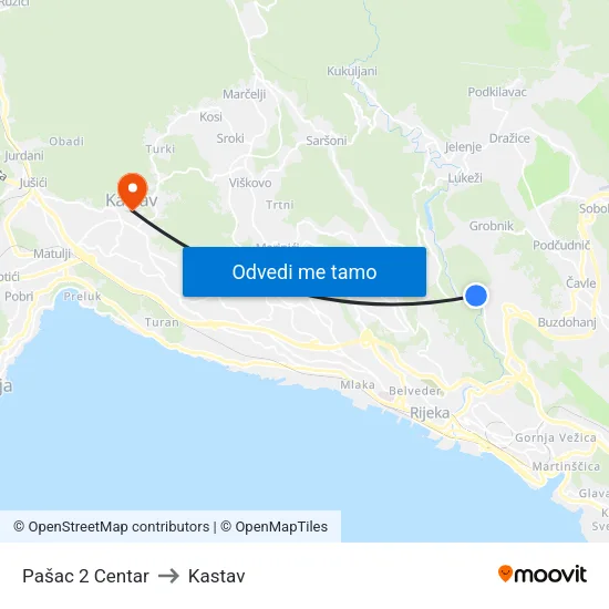 Pašac 2 Centar to Kastav map
