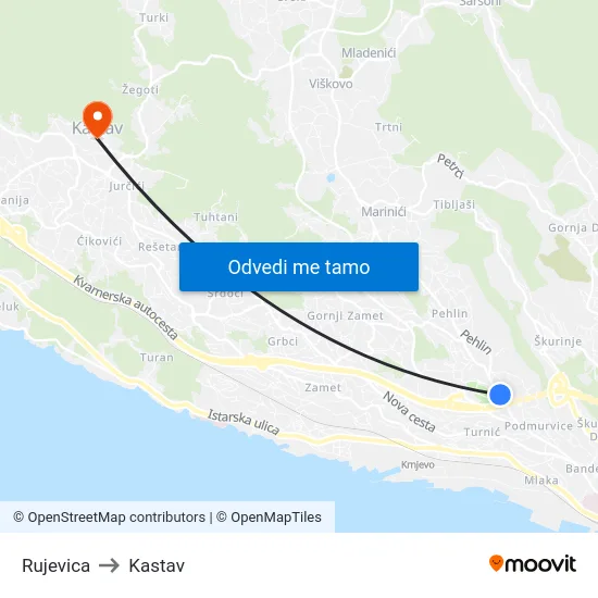 Rujevica to Kastav map