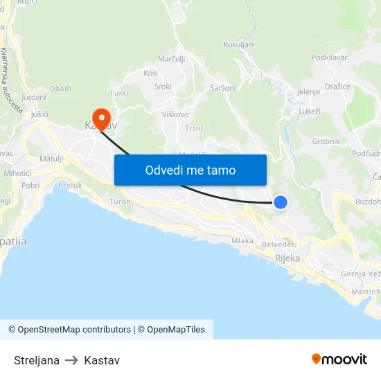 Streljana to Kastav map