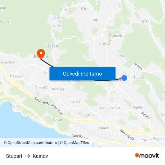 Stupari to Kastav map