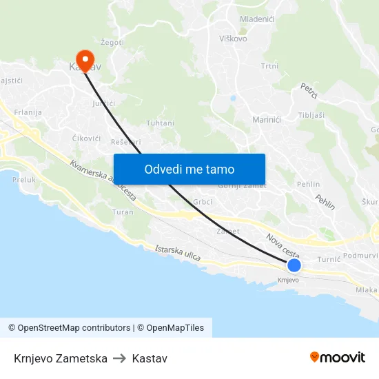 Krnjevo Zametska to Kastav map