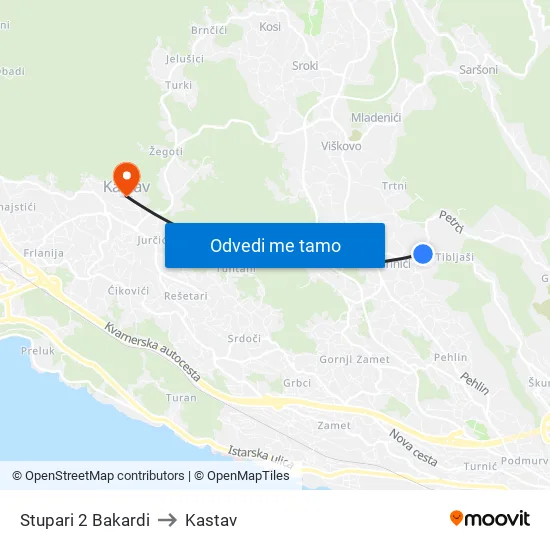 Stupari 2 Bakardi to Kastav map