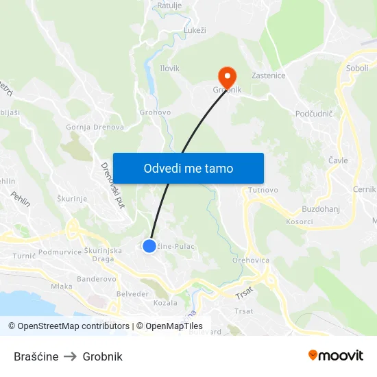 Brašćine to Grobnik map