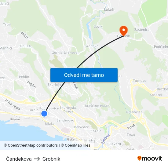Čandekova to Grobnik map