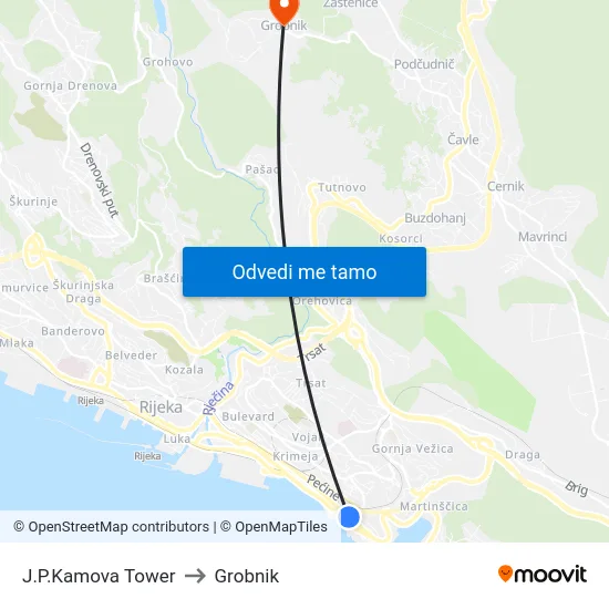 J.P.Kamova Tower to Grobnik map