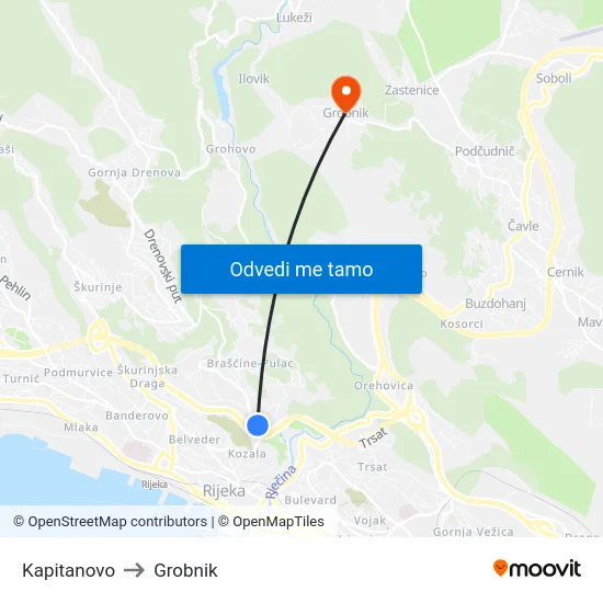 Kapitanovo to Grobnik map