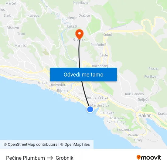 Pećine Plumbum to Grobnik map