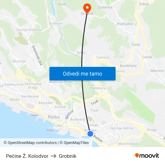 Pećine Ž. Kolodvor to Grobnik map