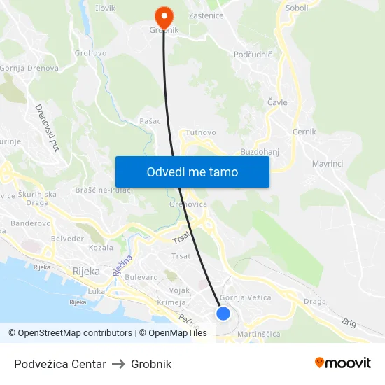 Podvežica  Centar to Grobnik map