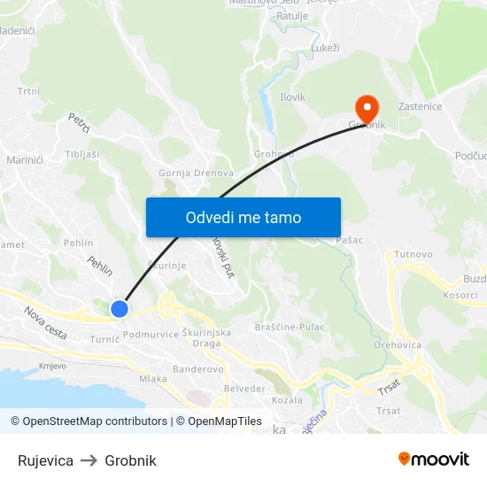 Rujevica to Grobnik map