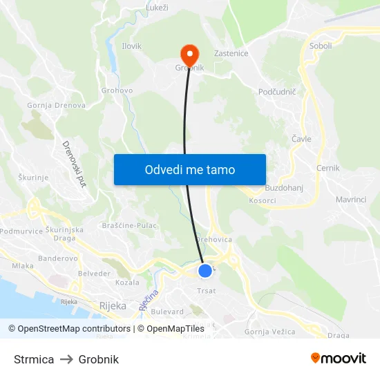 Strmica to Grobnik map