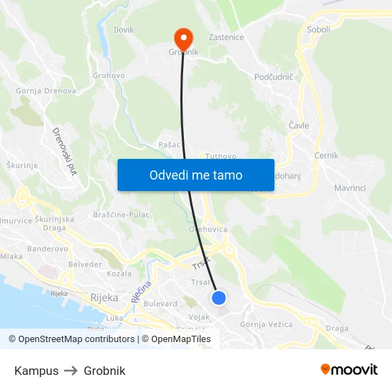 Kampus to Grobnik map