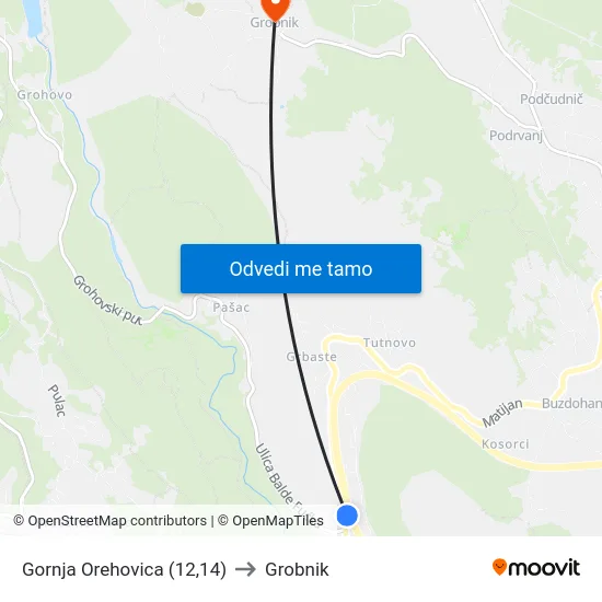 Gornja Orehovica (12,14) to Grobnik map
