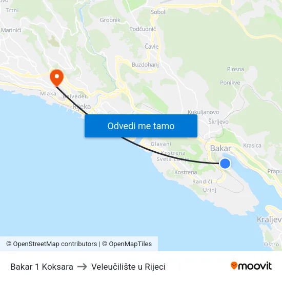 Bakar 1 Koksara to Veleučilište u Rijeci map