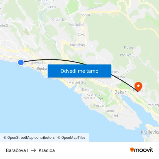 Baračeva I to Krasica map