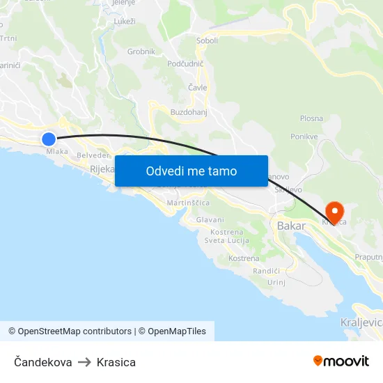 Čandekova to Krasica map