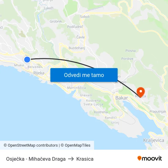 Osječka - Mihačeva Draga to Krasica map