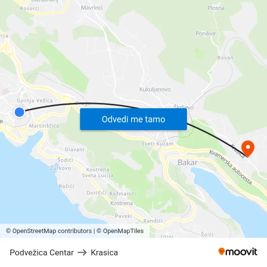 Podvežica  Centar to Krasica map