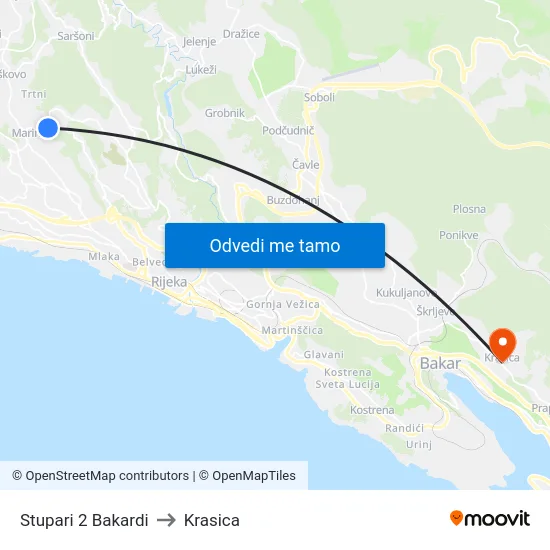 Stupari 2 Bakardi to Krasica map