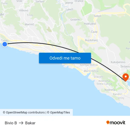 Bivio  B to Bakar map