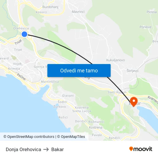 Donja Orehovica to Bakar map