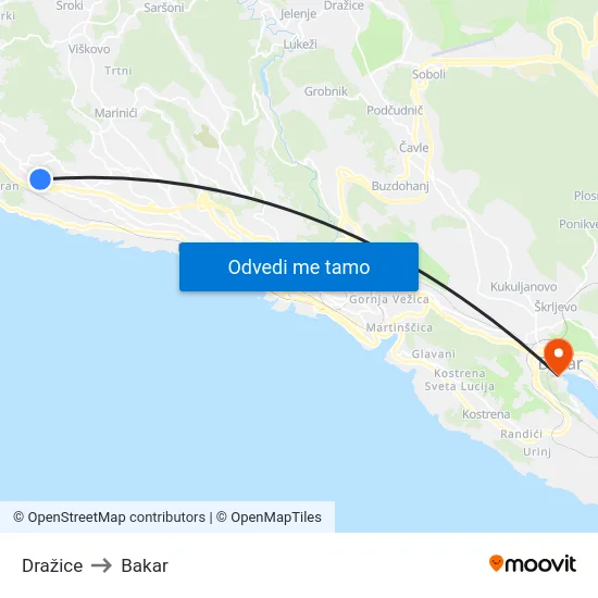 Dražice to Bakar map