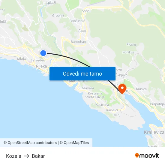 Kozala to Bakar map