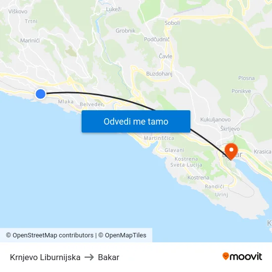 Krnjevo Liburnijska to Bakar map