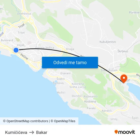 Kumičićeva to Bakar map